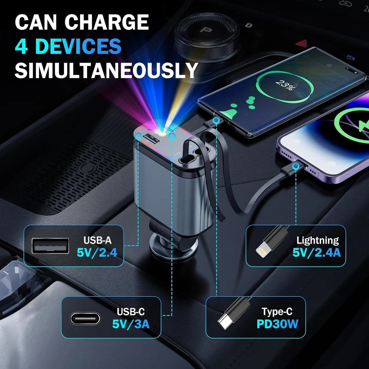 4 in 1 Retractable Fast Car Charger with Starlight
