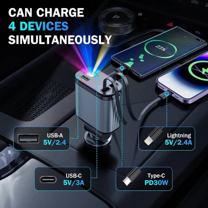 4 in 1 Retractable Fast Car Charger with Starlight